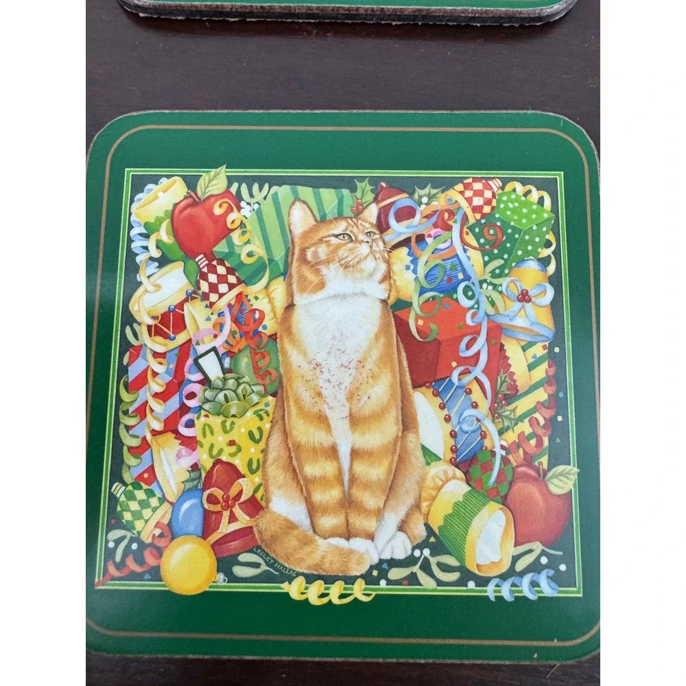 Vintage Pimpernel Christmas Cat Coasters Set of 6 Cork Back Holiday Green